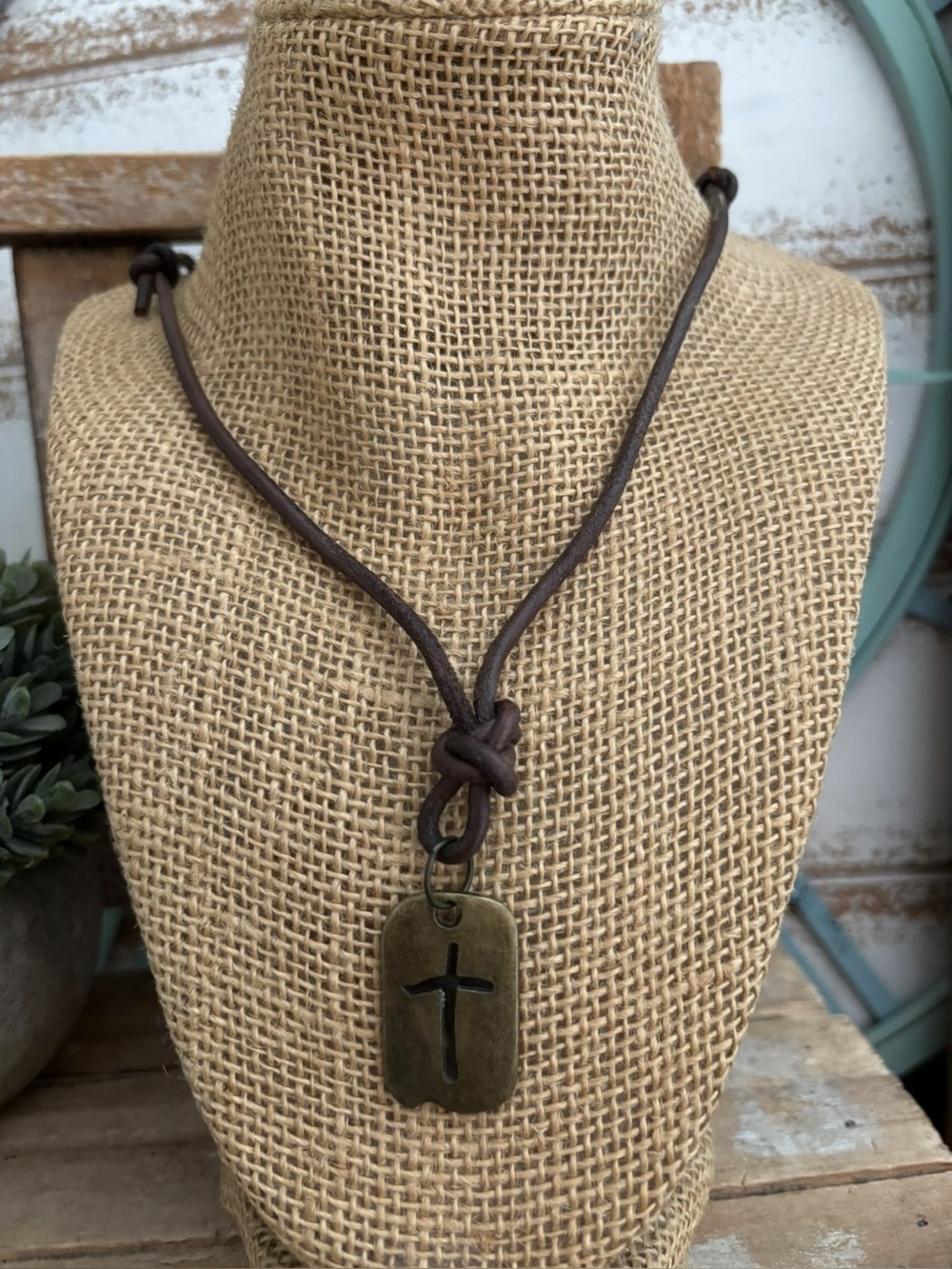 Adjustable Leather Brass Charm Faith Necklace Christian Unisex NEW